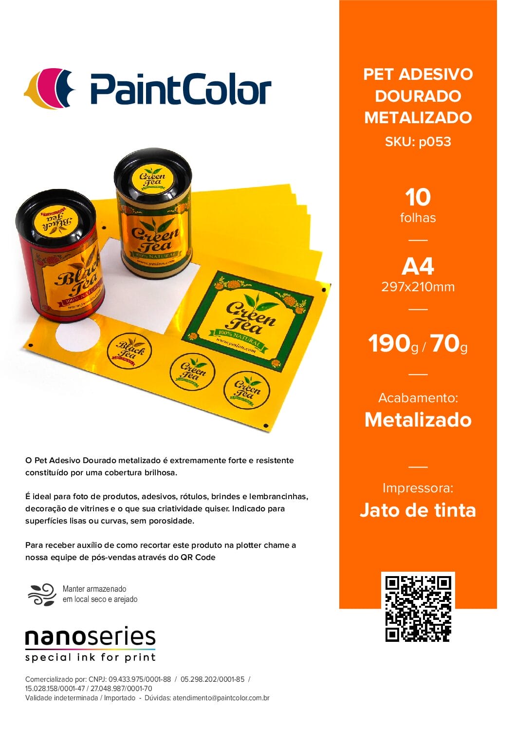 Vinil PET Adesivo Dourado Metalizado Prova Dagua A4 - 10 Folhas